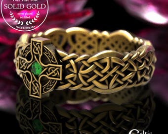 10K Emerald Cross Ring, Mens 14K Cross Wedding Ring, 10K Cross Ring, Gold Irish Cross Ring, Emerald Celtic Cross Ring, 10K Irish Cross, 1930