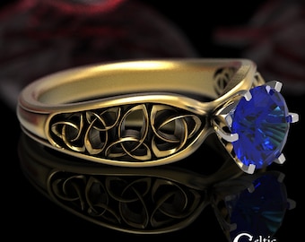 Celtic Trinity Gold & Sapphire Engagement Ring, Irish Sapphire Solitaire Ring, Gaelic Proposal Ring, Gold With Sapphire Solitaire Ring, 1427
