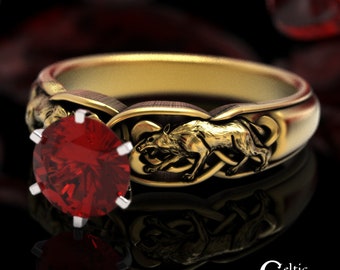 10K Ruby Celtic Wolf Ring, 14K Wolf Engagement Ring, 14K Gold Ruby Celtic Engagement Ring, Direwolf Ring, Gold Wolf Wedding Ring, 1868