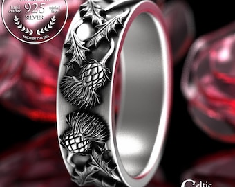 Scottish Woman's Thistle Wedding Band, Sterling Celtic Thorn Ring, Bride's Silver Irish Flower Ring, Welsh Marriage Jewelry, 2126