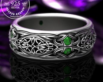 Emerald Knotwork Ring, Mens Sterling Silver Wedding Band, Emerald Celtic Wedding Band, Emerald Trinity Knot Ring, Mens Emerald Ring, 1804