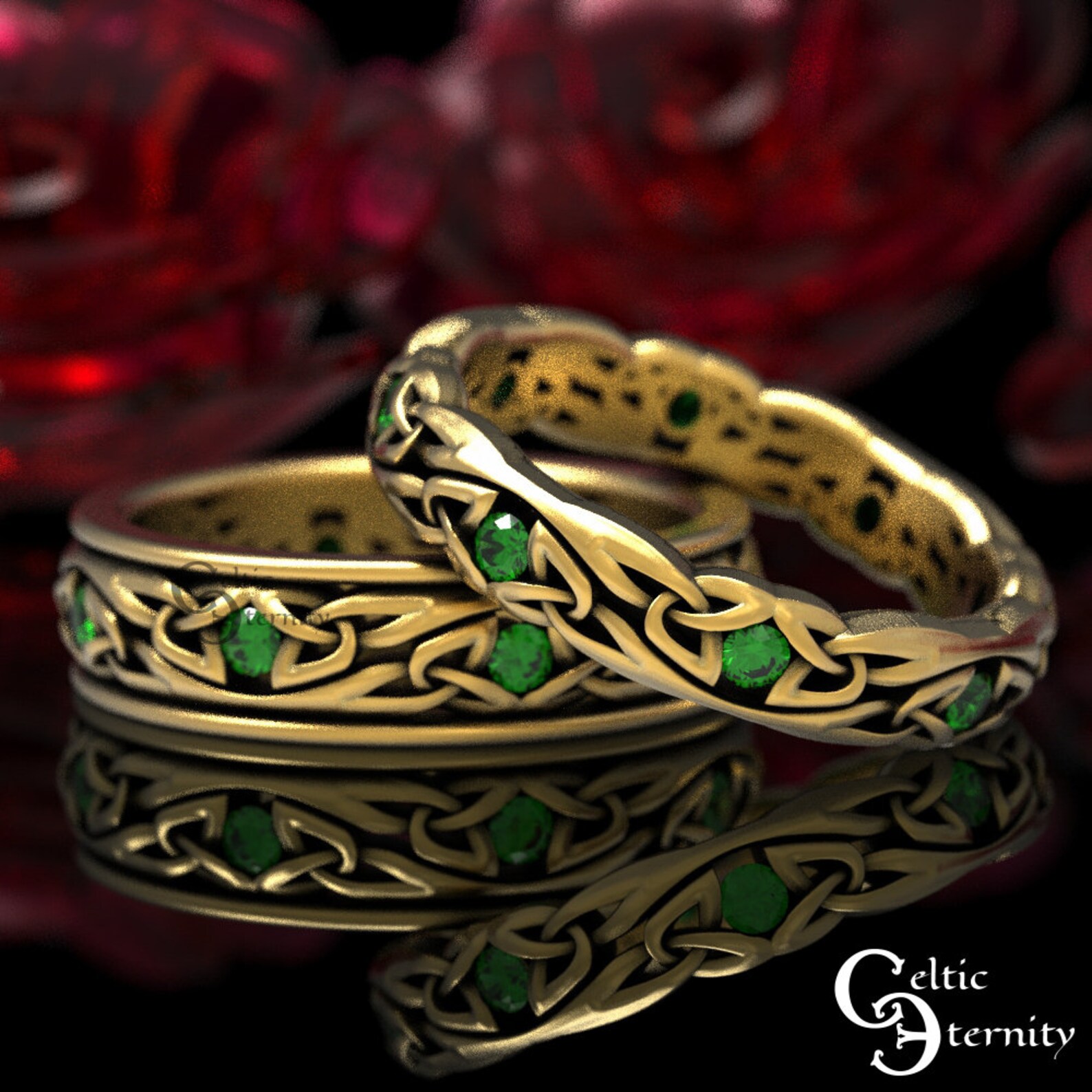 Emerald & Gold Wedding Ring Set His Hers Gold Rings Matching Etsy