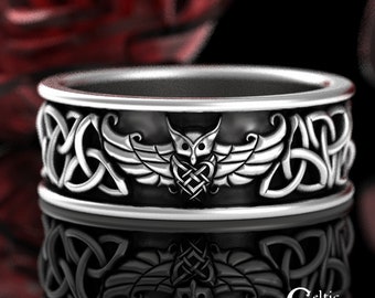 Trinity Knot Owl Ring, Sterling Viking Wedding Band, Mens Viking Ring, Celtic Bird Wedding Band, Silver Irish Owl Ring, Celtic Owl Ring 3100