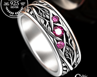 Men's Ruby Irish Tree Ring, Sterling Celtic Groom Botanical Ring, Silver Nature Vine & Branches Wedding Band, 2133