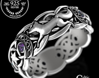 Alexandrite Magical Fox Ring, Silver Crescent Moons Stars Wedding Ring, Sterling Enchantress Ring, Goddess Energy Ring, Witchy Jewelry, 3279
