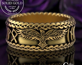 Gold Odin Raven Ring, 18K Mens Viking Runes Wedding Band, Platinum Norse Warrior Groom Ring, 14K White Gold Crow Spirit Animal Jewelry, 3327