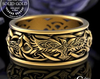 10K Gold Raven & Wolves Wedding Ring, Mens Gold Raven Wedding Ring, 10K Viking Ring, 14K Viking Raven Ring, Gold Raven Wedding Ring, 4699
