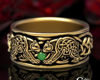 Emerald Bears Wedding Ring, Gold Bear Ring, Celtic Bear Ring, Bear Wedding Band, Emerald Mens Ring, White Gold Mens Ring, 1691