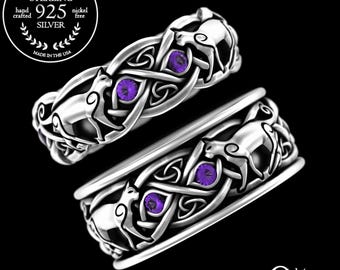Amethyst Cat Wedding Band Set, Silver Kitty Cat Wedding Band Set, Woven Celtic Cat Lover Rings, Irish Kitten Knotwork Jewelry, 3097 3099