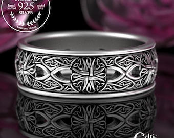 Men's Celtic Cross Wedding Band, Sterling Irish Catholic Ring, Silver Scottish Cross Hearts Ring, Holy Trinity Knotwork Marriage Ring, 3269