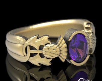 Gold Amethyst Thistle Ring, 10K Thistle Engagement Ring, 14K Scottish Thistle Ring, Amethyst Engagement Ring, 14K Thistle Wedding Ring, 1777