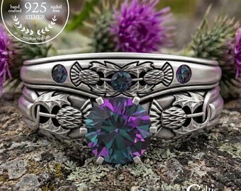 Alexandrite Thistle Bridal Ring Set in Sterling, Silver Celtic Bride's Fitted Engagement Set with Accent Band, 1894 3340