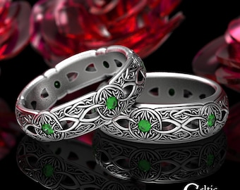 Emerald Matching Wedding Rings, Sterling Silver Celtic Ring Set, Silver Celtic Wedding Band Set, Silver Irish Matching Rings, 1806 1805