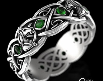 Celtic Horse Ring with Emeralds, Silver Horse Ring, Horse Wedding Ring, Horse Wedding Band, Stallion Ring, Horse Jewelry, Celtic Ring, 1681