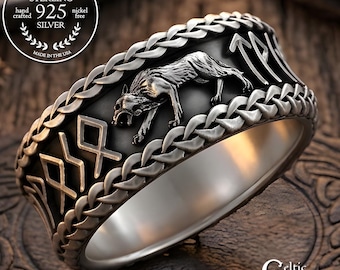 Sterling Viking Wolf with Runes Ring, Mens Wide Norse Wedding Ring, Braided Odin Elder Futhark Ring, Silver Groom's Nordic Warrior Band,3270
