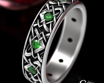 Celtic Wedding Band, Sterling Silver & Emerald Wedding Band, Heart Wedding Ring, Emerald Wedding Band, Unique Wedding Band, 1459