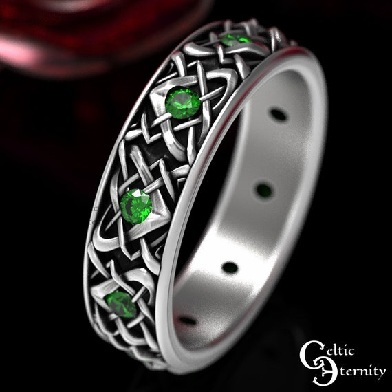 Celtic Wedding Band, Sterling Silver & Emerald Wedding Band, Heart Wedding Ring, Emerald Wedding Band, Unique Wedding Band, 1459