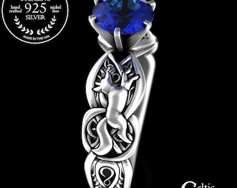 Sterling Silver Fox Proposal Ring, Kitsune Sapphire Solitaire Ring, Faoladh Gemstone Engagement Ring, Path Finder Handfasting Ring, 3071