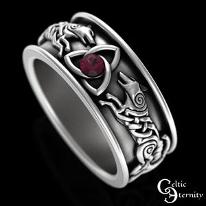 スコットランド産ルビーウルフリング、スターリングシルバー製メンズアイルランド製結婚指輪、ルビーケルトリング、ルビーバイキングリング、北欧産ウルフリング、北欧ノットワーク、3103