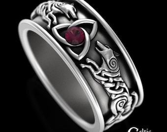 Scottish Ruby Wolf Ring, Sterling Silver Mens Irish Wedding Band, Ruby Celtic Ring, Ruby Viking Ring, Norse Wolf Ring, Nordic Knotwork, 3103