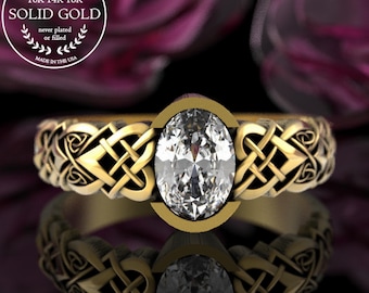 Moissanite Solitaire Bridal Ring, Gold Celtic Engagement Ring, 10K 14K Heart Knotwork Wedding Band, Gold Matching Irish Women Wedding, 3017
