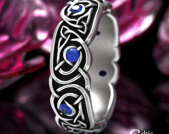 Celtic Wedding Ring, Sterling Sapphire Wedding Ring, Womans Trinity Knot Ring, Womens Silver Celtic Ring, Sapphire Wedding Ring, 1916