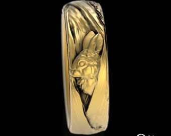 Solid Gold or Platinum Rabbit Ring, Gold Bunny Wedding Ring, Irish Hare Ring, Platinum Lapin Tree Bark Band, Burrowkin Druid Ring, 3179