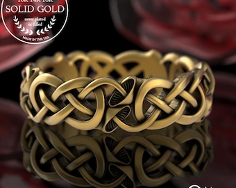 Psychedelic Mushroom Ring in Gold, Celtic Nature Ring with Trinity Knot, Magic Mushroom Gold Wedding Band, 10k 14k 18k Gold or Platinum 1371