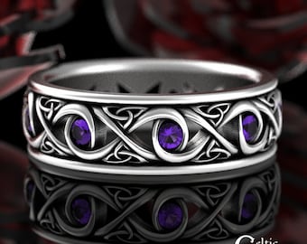 Mens Amethyst Ring, Sterling Silver Mens Celtic Ring, Mens Celtic Wedding Band, Mens Infinity Ring, Sterling Irish Wedding Band, 1410