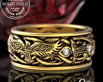 Mens Gold Raven Wolves Ring, Moissanite Gold Wedding Ring, 10K Gold Wolves Celtic Ring, Raven Wedding Band, 14K Raven Wedding Ring, 4697