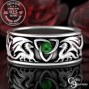 Emerald Dragon Ring, Celtic Dragon Wedding Band, Sterling Mens Dragon Ring, Emerald Irish Dragon Ring, Silver Dragon Wedding Ring, 3052