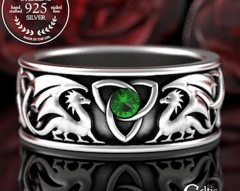 Emerald Dragon Ring, Celtic Dragon Wedding Band, Sterling Mens Dragon Ring, Emerald Irish Dragon Ring, Silver Dragon Wedding Ring, 3052