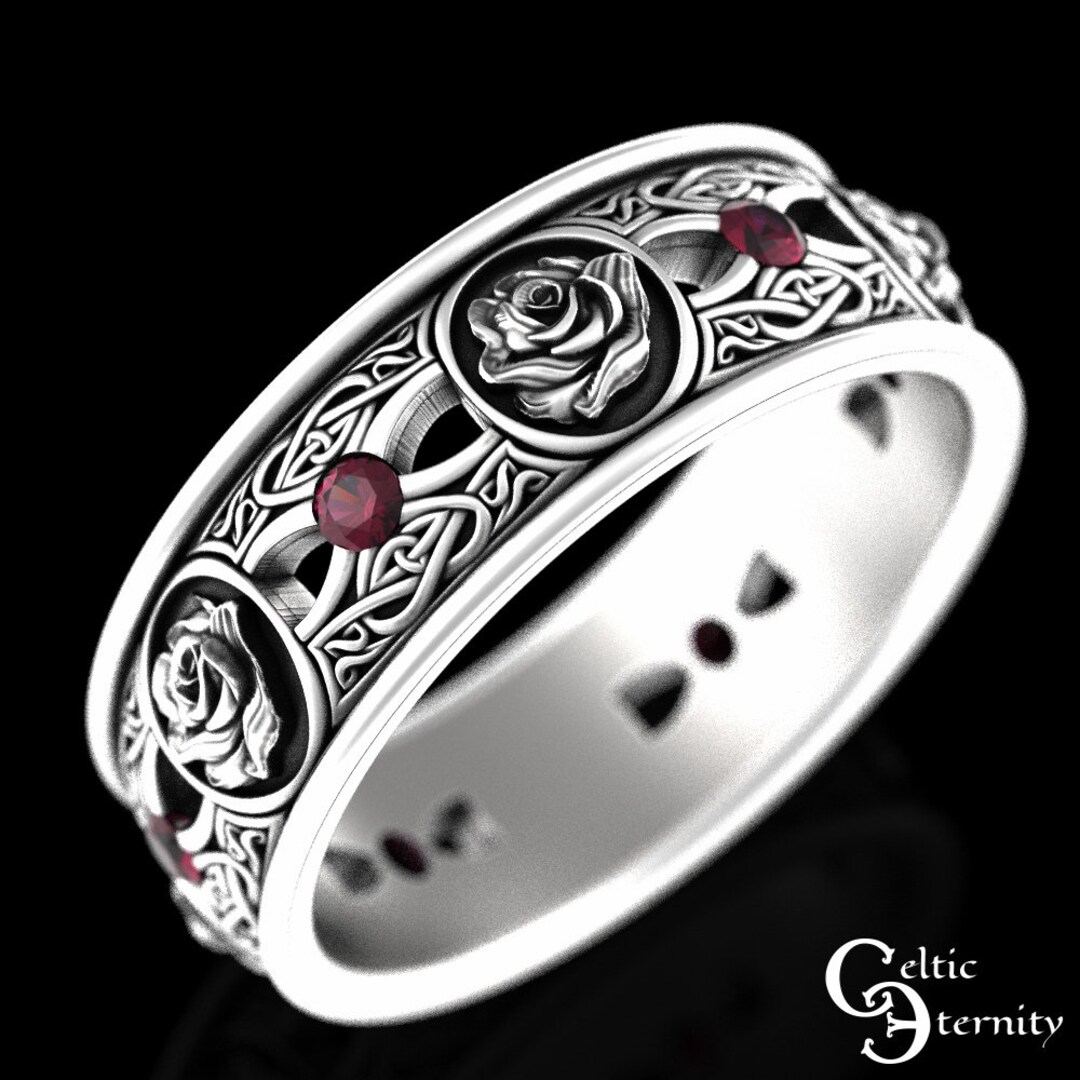 Ruby Celtic Rose Wedding Band Sterling Irish Rose Wedding Etsy