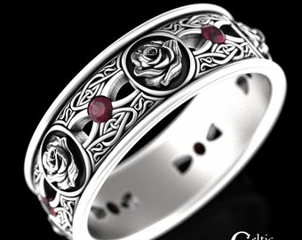 Ruby Celtic Rose Wedding Band, Sterling Irish Rose Wedding Ring, Silver Rose Celtic Ring, 925 Silver Ruby Irish Wedding Ring, 3045