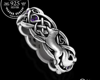 Amethyst Fox Wedding Ring, Womens Sterling Fox Ring, Fox Wedding Ring, Fox Wedding Band, Celtic Fox Wedding Ring, Sterling Fox Ring, 3196