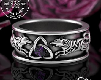 Mens Sterling Wolf Ring, Alexandrite Viking Wedding Band, Norse Wolves Wedding Ring, Alexandrite Celtic Silver Ring, Nordic Trinity, 3103
