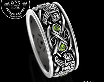 Mens Norse Peridot Bear Ring, Sterling Silver Celtic Wedding Band, Welsh Bear Ring, Viking Man Bear Ring, Peridot Irish Groom Ring, 3095
