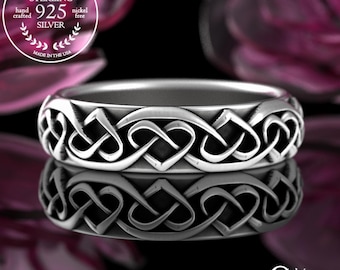 Womens Heart Knotwork Wedding Ring, Sterling Silver Irish Celtic Woven Ring, Heart Knot Wedding Band, Silver Welsh Heart Wedding Ring, 3160