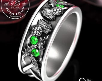 Celtic Emerald Men's Ring, Sterling Irish Thistle Wedding Band - Comfort Fit, 7.3mm, Handcrafted, 2129