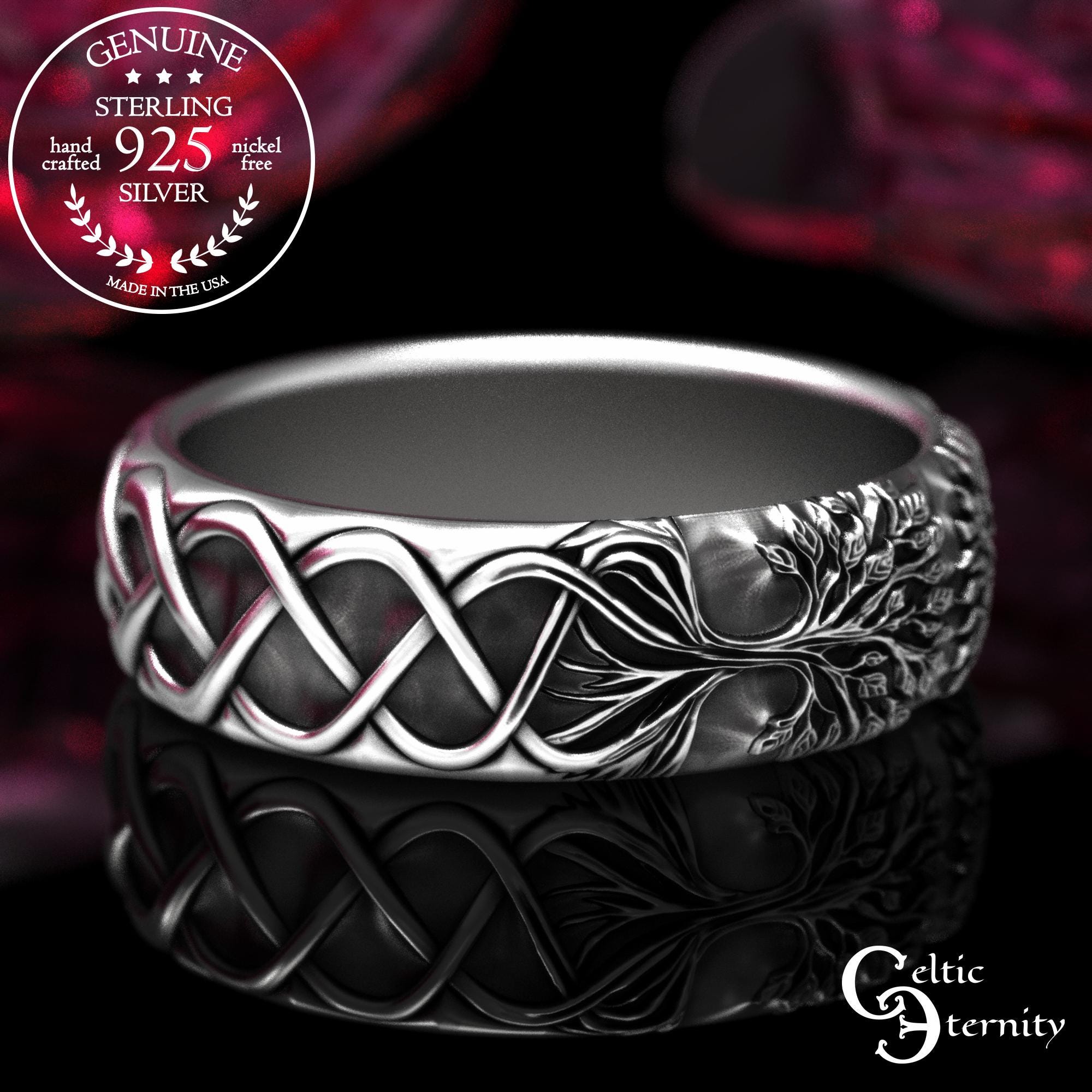 Women's Tree Of Life Ring - Stainless Steel With Rhinestone - Wedding Band Sizes 5-11