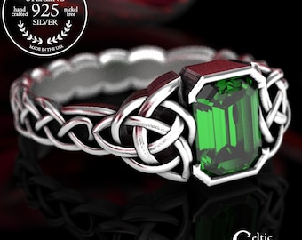 Celtic Engagement Ring, Emerald & Sterling Wedding Ring, Unique Engagement Ring, Goddess Ring, Emerald Cut Ring, Celtic Wedding Ring, 1306