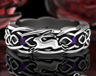 Amethyst Celtic Rabbit Wedding Ring, Sterling Amethyst Rabbit Ring, Celtic Hare Ring, Year of the Rabbit, Rabbit Zodiac Ring, Luck 1679