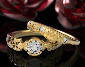 Gold Royal Thistle Engagement Ring Set,  Moissanite Wedding Rings, Scottish Highland Bloom Rings,  Thorned Blossom Engagement Ring, 1774/75