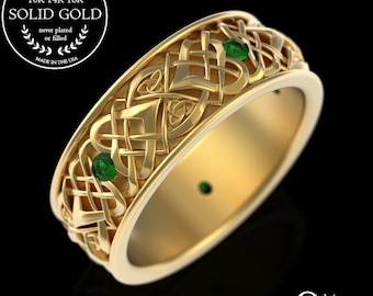 Emerald 10K Mens Celtic Wedding Ring, 14K Celtic Mens Wedding Band, 18K Celtic Mens Ring, Gold Celtic Heart Ring, Gold Grooms Ring, 4015
