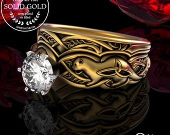 Stacking Gold Celtic River Otter Wedding Rings, Moissanite Welsh Otterkin Ring, 10K 14K 18K Irish Water Weasel Handfasting Rings, 3060 1971