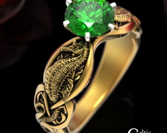 10K Seahorse Ring, 14K Emerald Celtic Engagement Ring, Gold Sea Horse Ring, Celtic Sea Horse Ring, 10K Emerald Ring, Sea Horse Wedding 1869
