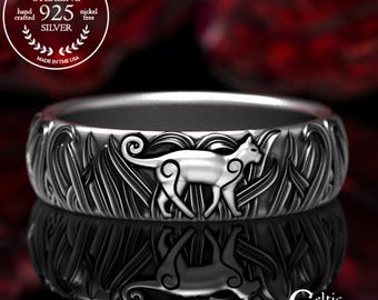 Sterling Silver Cat Ring, Celtic Cat Ring, Silver Cat Wedding Band, Celtic Cat Wedding Ring, Sterling Cat Jewelry, Irish Cat Ring, 1911