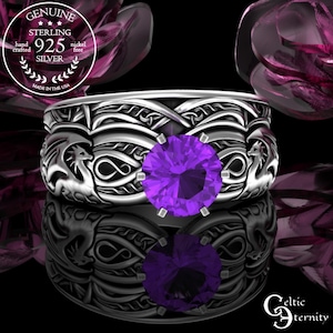 Amethyst & Silver Dragon Engagement Ring Set, Sterling Irish Dragons Solitaire Wedding Ring Set, Viking Fitted Engagement Set, 3185 3201