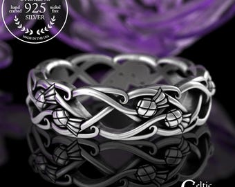 Sterling Classic Thistle Wedding Ring, Silver Woman's Scottish Thistle Ring, Celtic Flower Jewelry, Scotland Heritage Marriage Ring, 3301