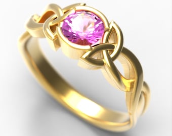 Celtic Pink Sapphire Ring With Trinity Knot Design in 10K 14K 18K Gold or Platinum Made in Your Size 405